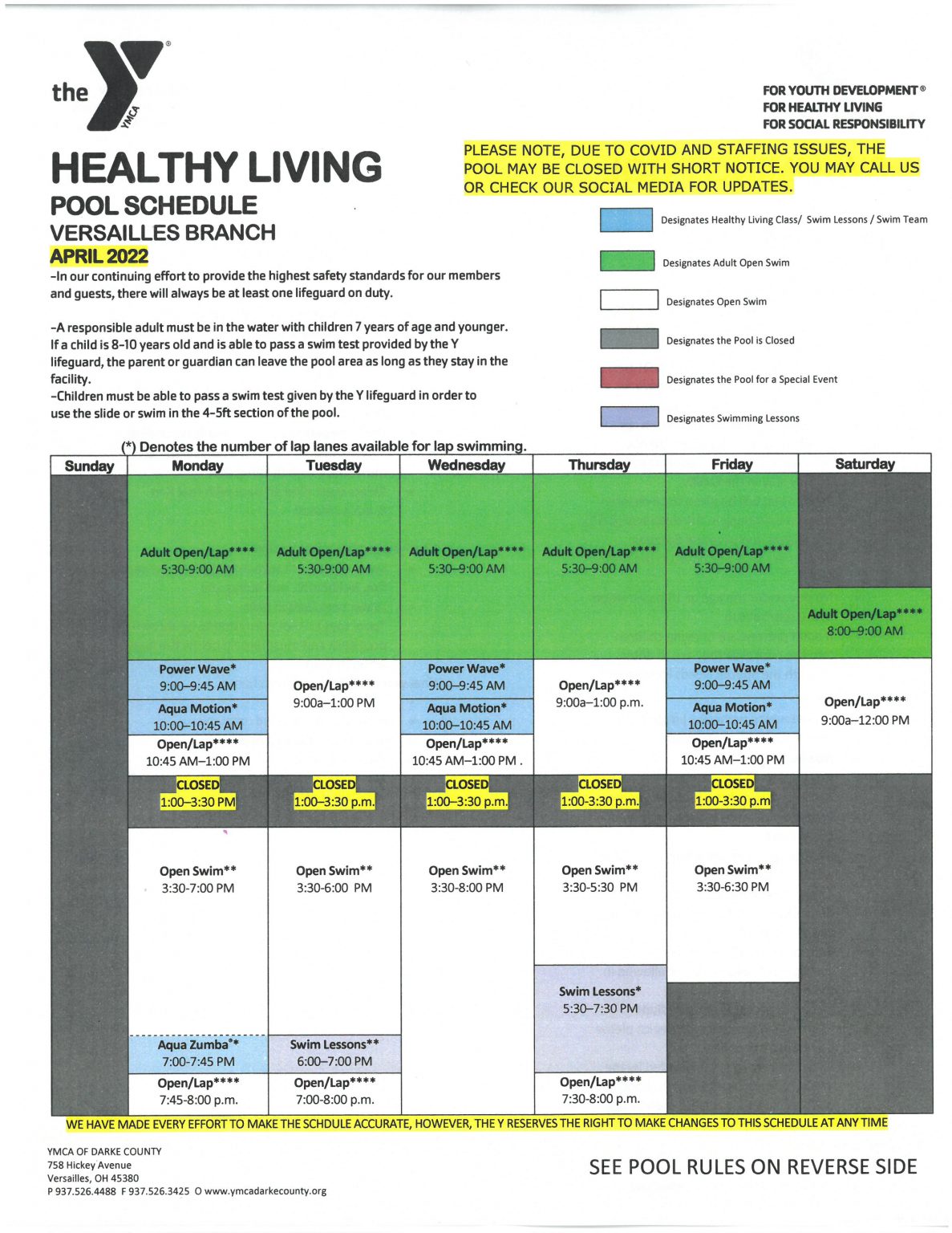 Pool Schedules Darke County YMCA