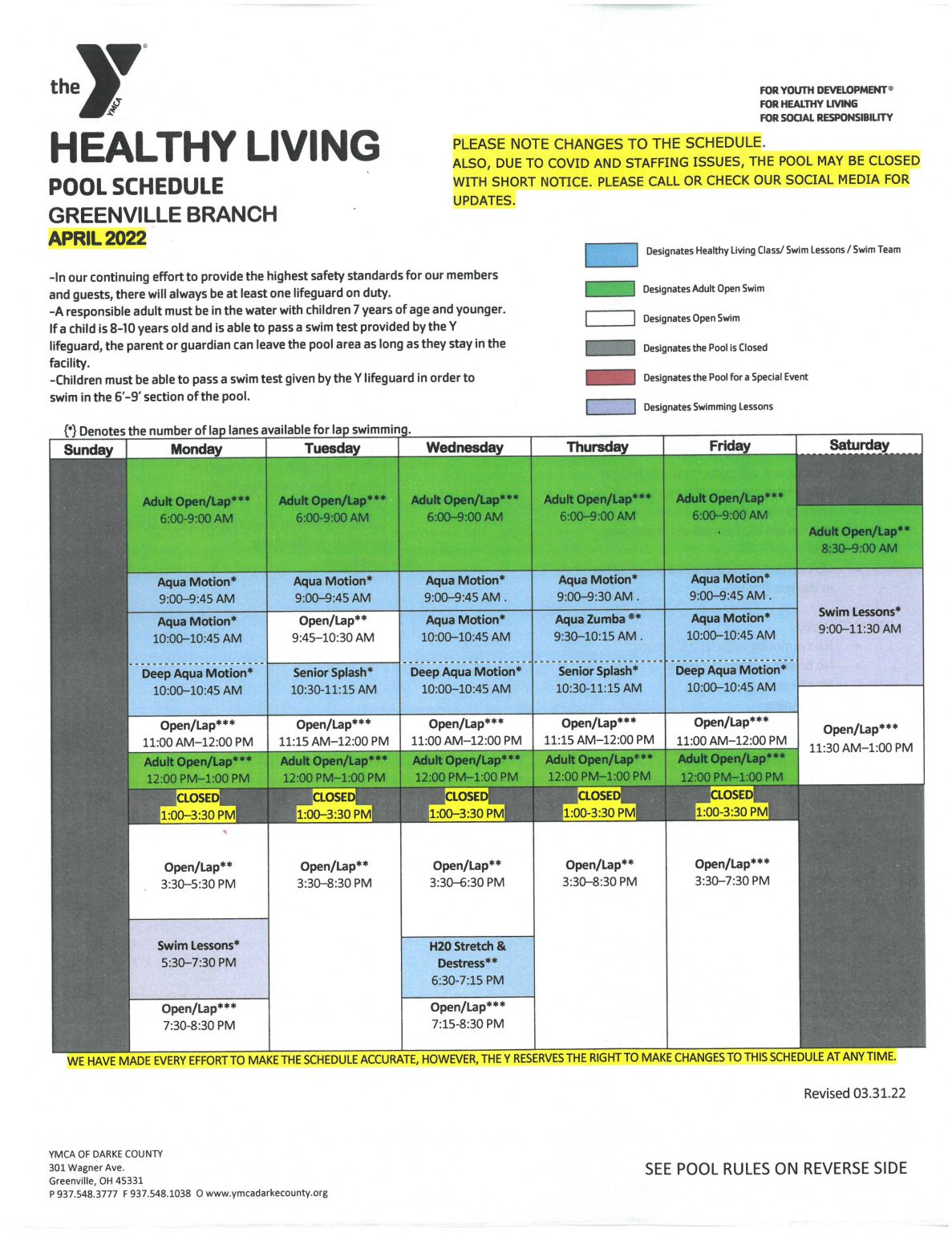 Pool Schedules Darke County YMCA