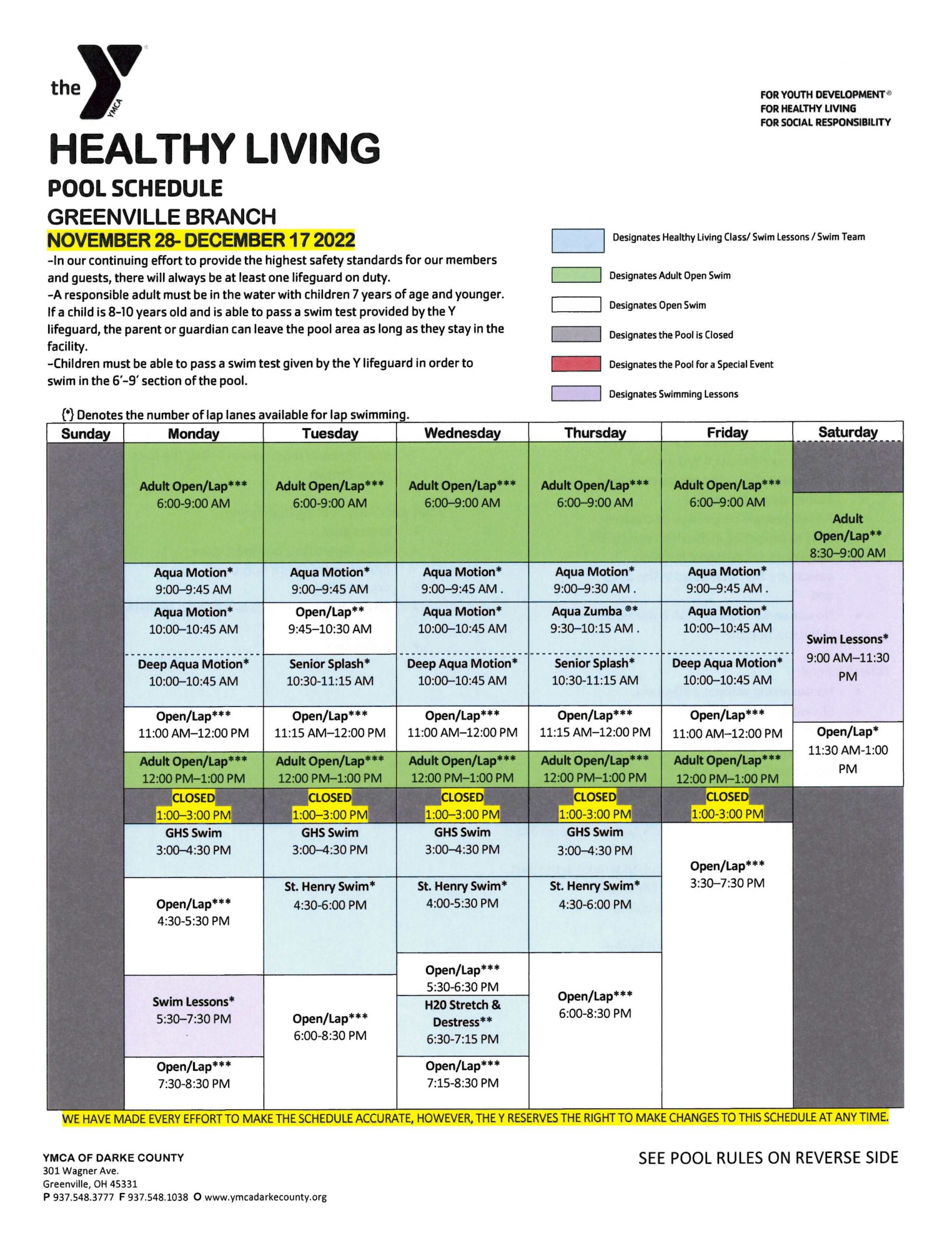 Pool Schedules Darke County YMCA