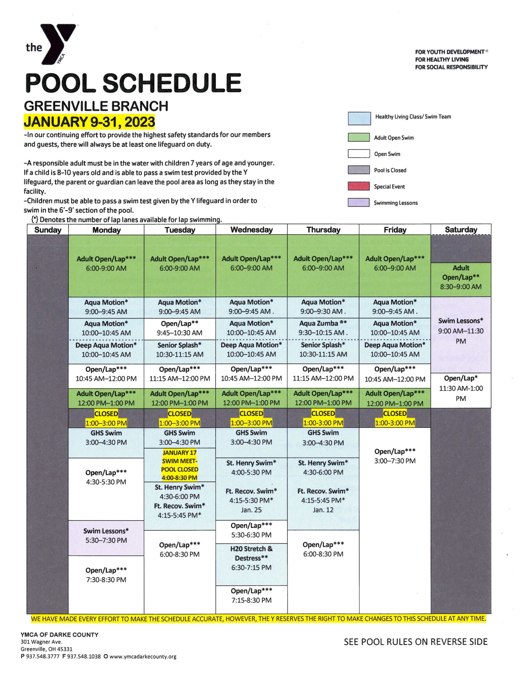 Pool Schedules Darke County YMCA
