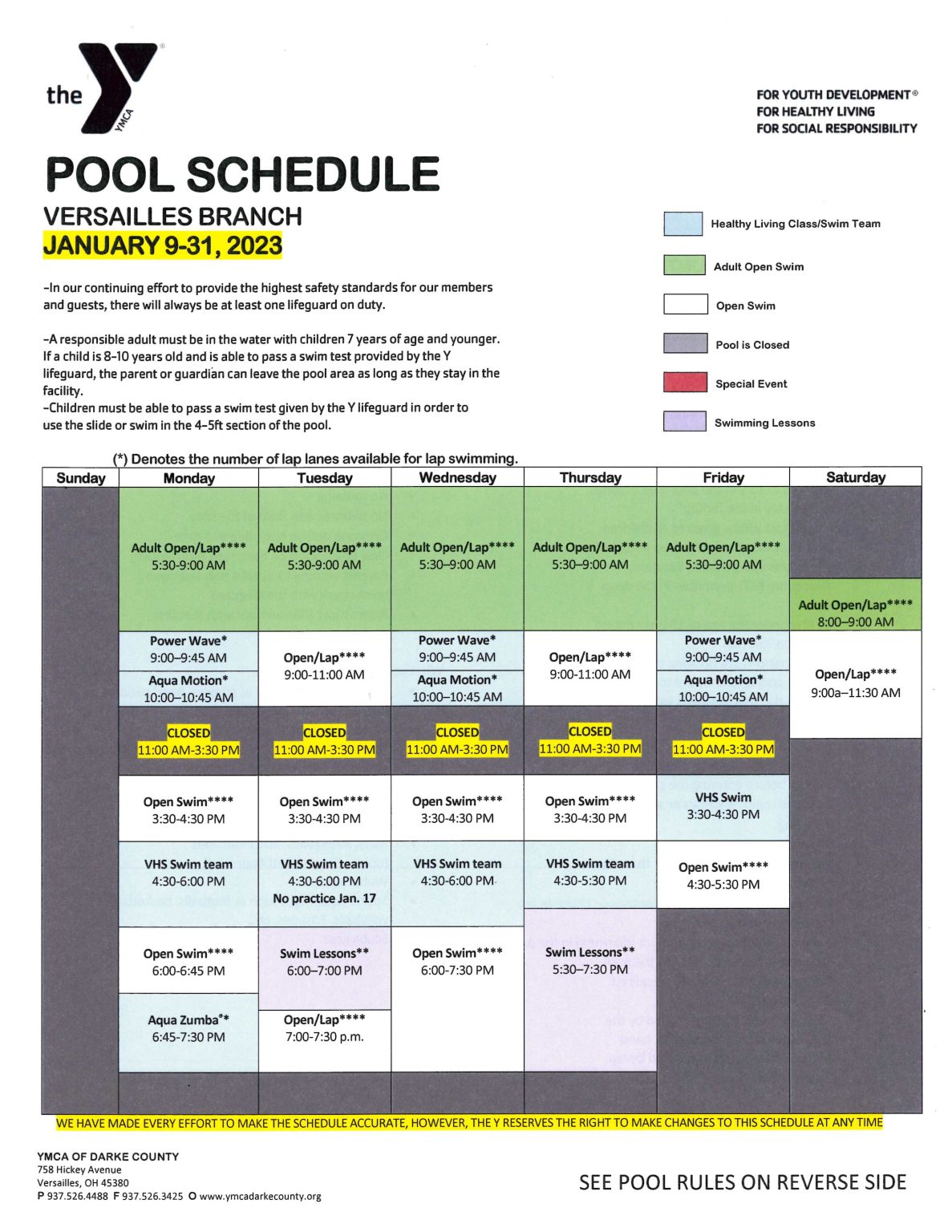 Pool Schedules Darke County YMCA